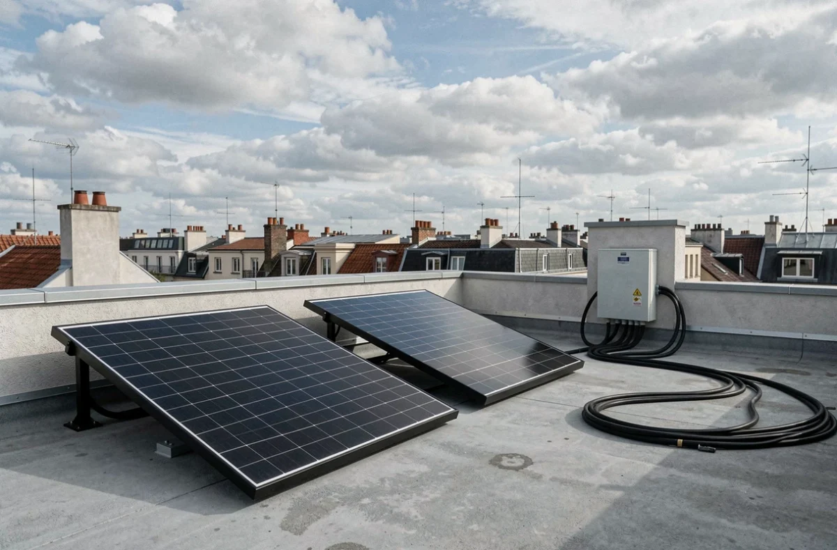 Deux panneaux solaires plug and play installés sur une toiture terrasse urbaine avec onduleur mural et skyline de ville en arrière-plan