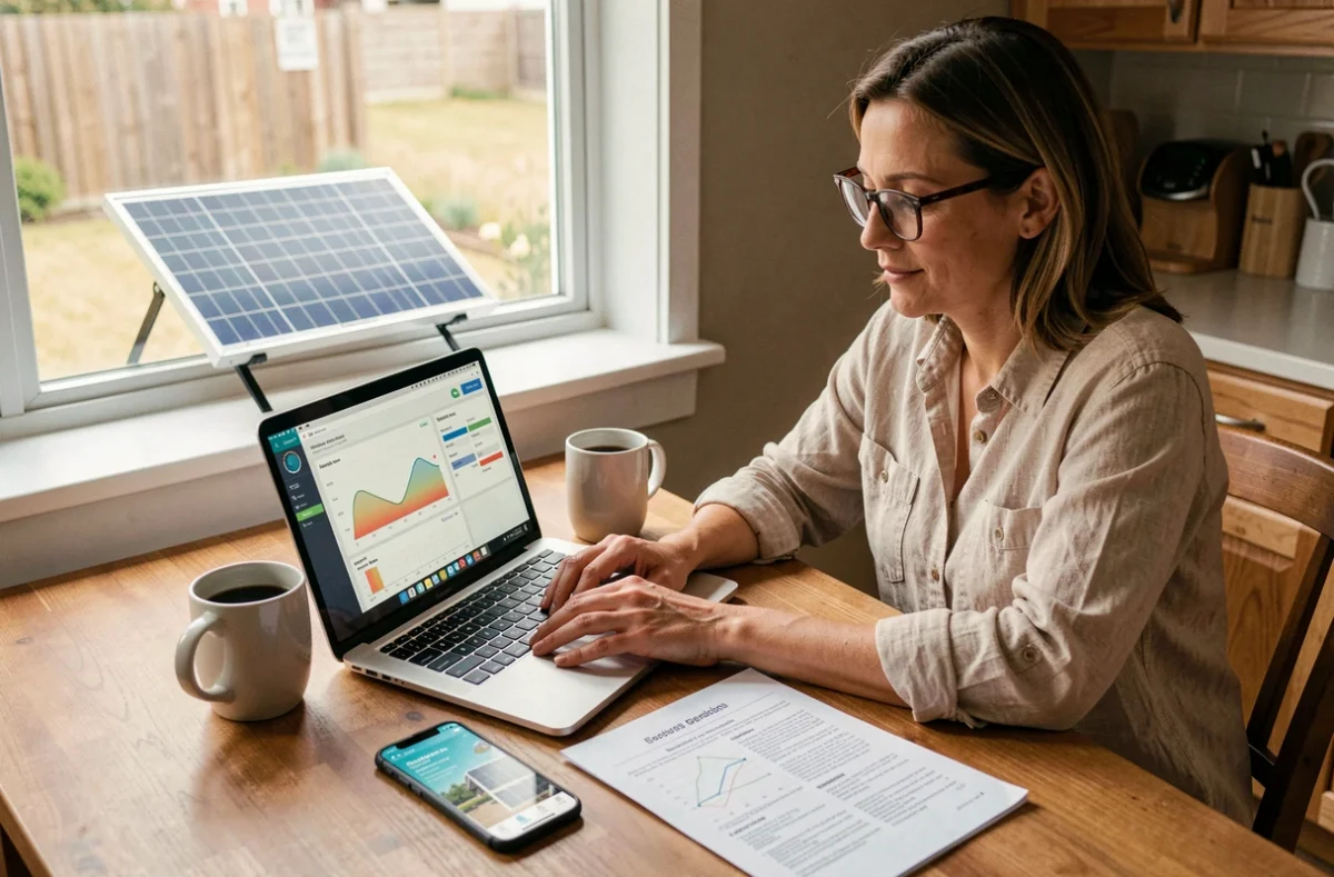 Femme consultant une application de suivi de production solaire sur ordinateur portable dans une cuisine avec panneau solaire visible à la fenêtre