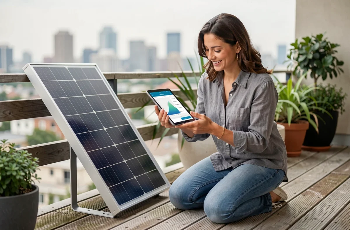 Femme consultant une application de suivi solaire sur tablette à côté d'un panneau photovoltaïque sur terrasse urbaine