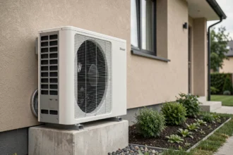 Pompe à chaleur air eau installée sur la façade extérieure d'une maison individuelle moderne