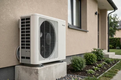 Pompe à chaleur air eau installée sur la façade extérieure d'une maison individuelle moderne