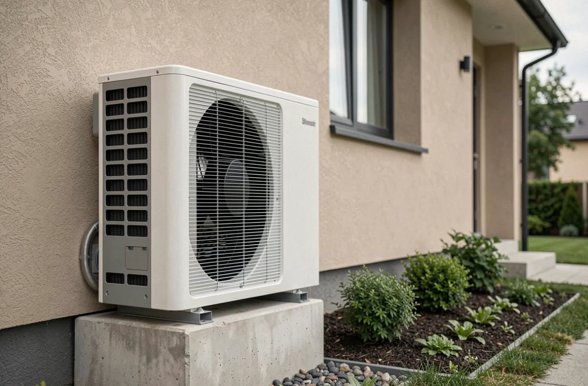 Pompe à chaleur air eau installée sur la façade extérieure d'une maison individuelle moderne