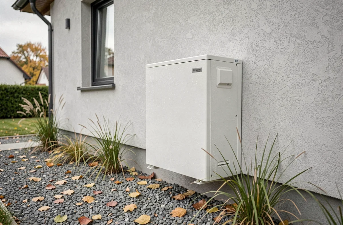 Pompe à chaleur air-eau installée sur la façade extérieure d'une maison individuelle moderne