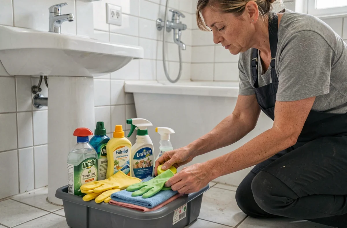 Femme de ménage préparant ses produits d'entretien écologiques dans une salle de bain à Drancy