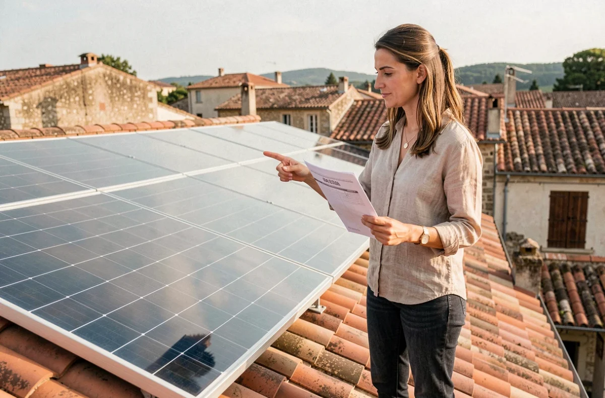 Propriétaire examinant des panneaux solaires installés sur un toit en tuiles en France