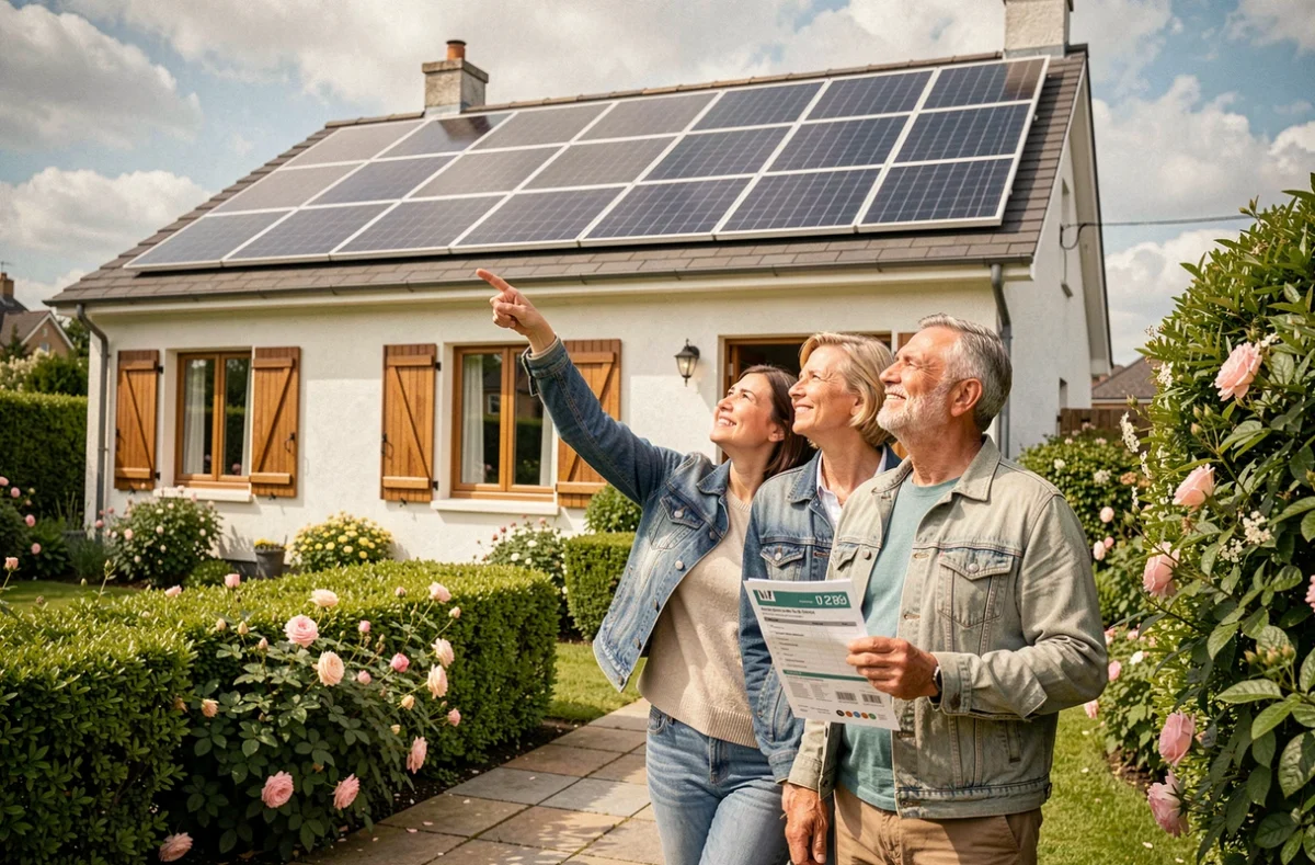 Couple de propriétaires admirant leurs panneaux solaires nouvellement installés sur le toit de leur maison