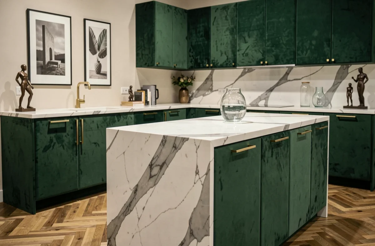 Cuisine design de R Deco avec caissons vert forêt, quincaillerie dorée et îlot en marbre Calacatta