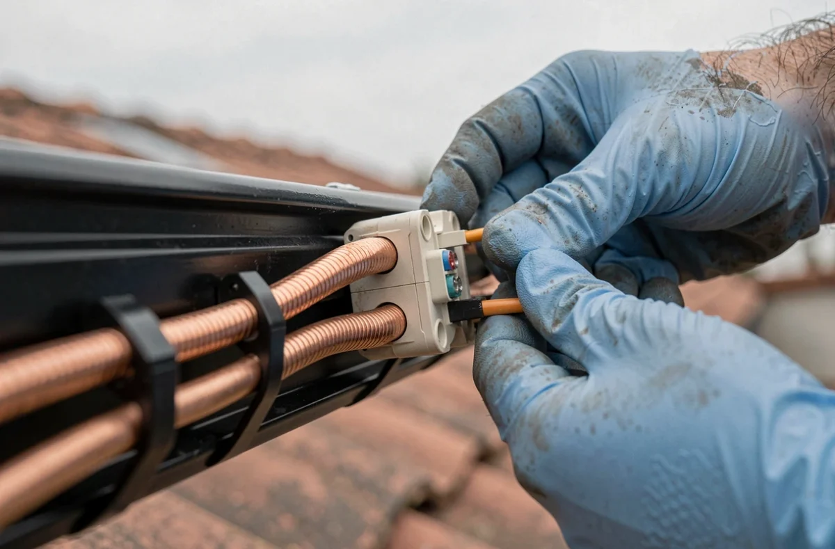 Gros plan sur le raccordement électrique d'un panneau solaire avec boîte de jonction et câbles cuivre