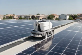 Robot de nettoyage autonome sur des panneaux solaires d'un toit résidentiel
