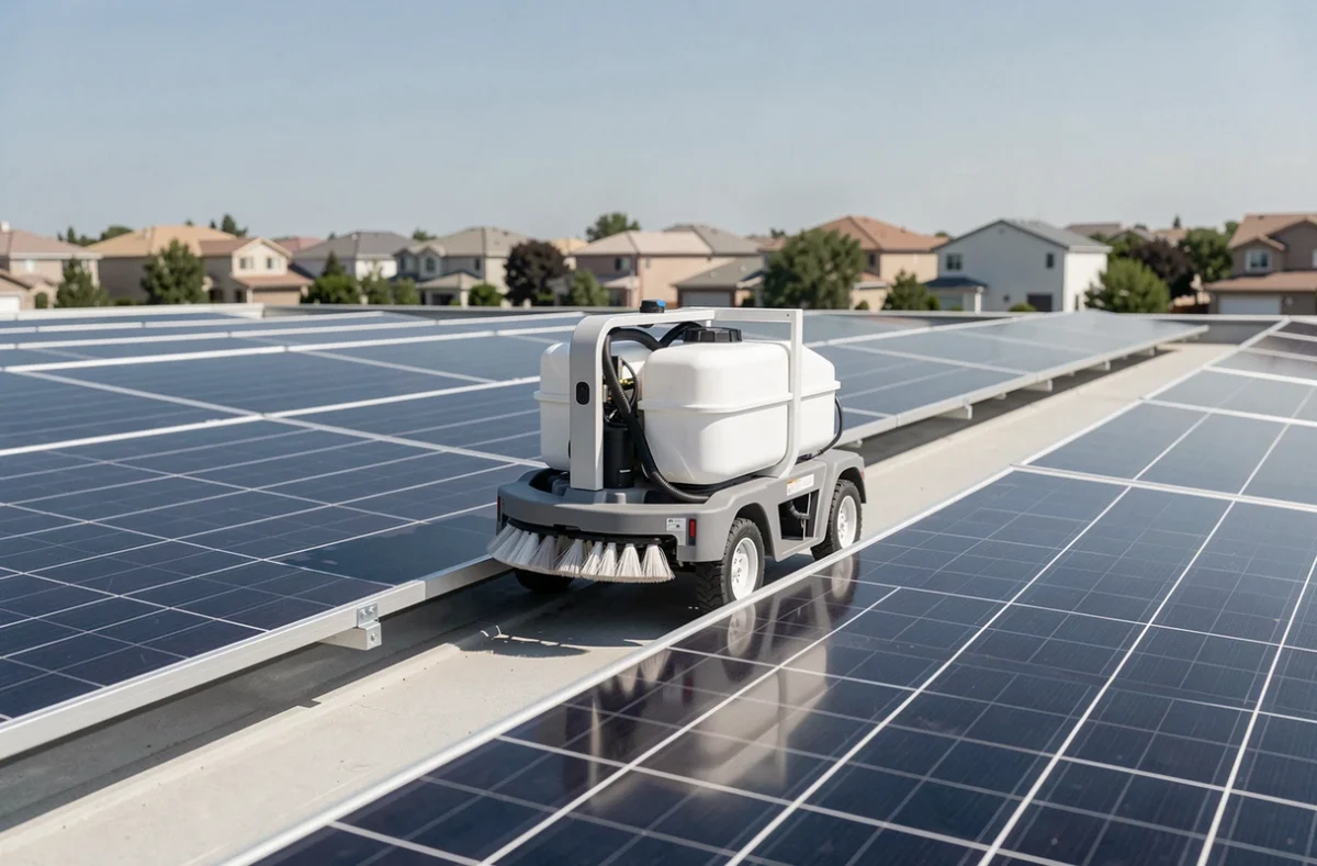 Robot de nettoyage autonome sur des panneaux solaires d'un toit résidentiel