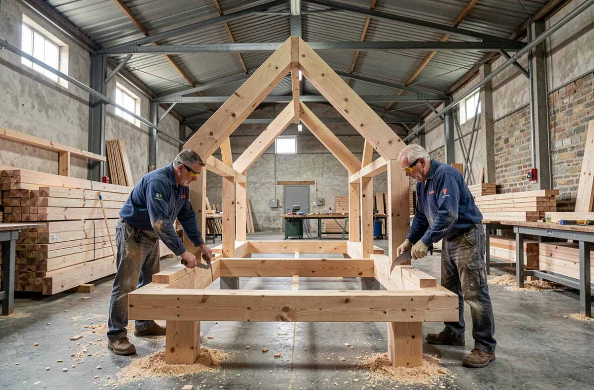 Deux artisans de Rouvres et Pleintel SARL collaborant sur une charpente en bois dans un grand atelier de production rural dans le Calvados