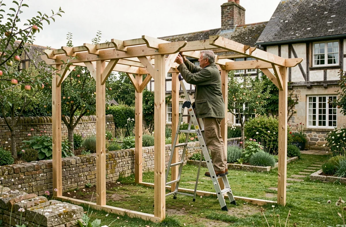 Artisan Serel Mickaël installant une pergola en bois dans le jardin d'une maison normande traditionnelle dans le Calvados