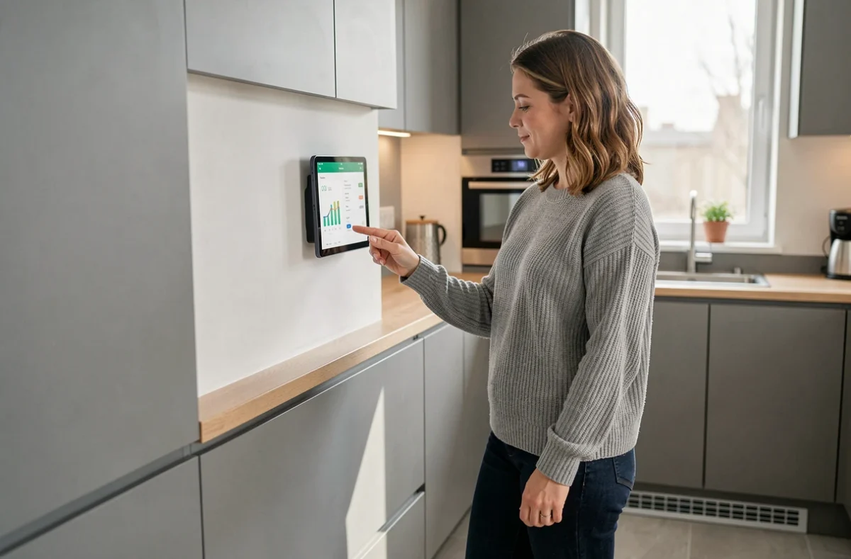 Femme consultant le tableau de suivi de consommation d'une pompe à chaleur via une interface domotique dans la cuisine