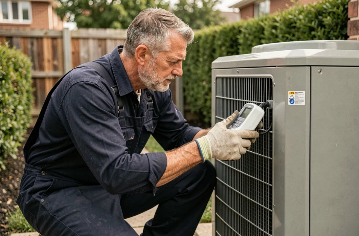 Technicien mesurant la consommation énergétique d'une pompe à chaleur air eau dans un jardin résidentiel