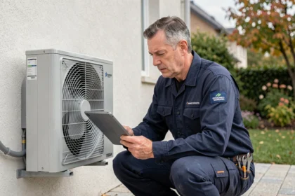 Technicien installant une pompe à chaleur air-air sur la façade extérieure d'une maison individuelle