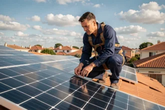 Technicien inspectant un panneau solaire triphasé sur un toit de maison résidentielle