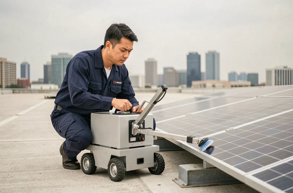 Technicien inspectant un robot nettoyeur de panneaux solaires sur un toit commercial