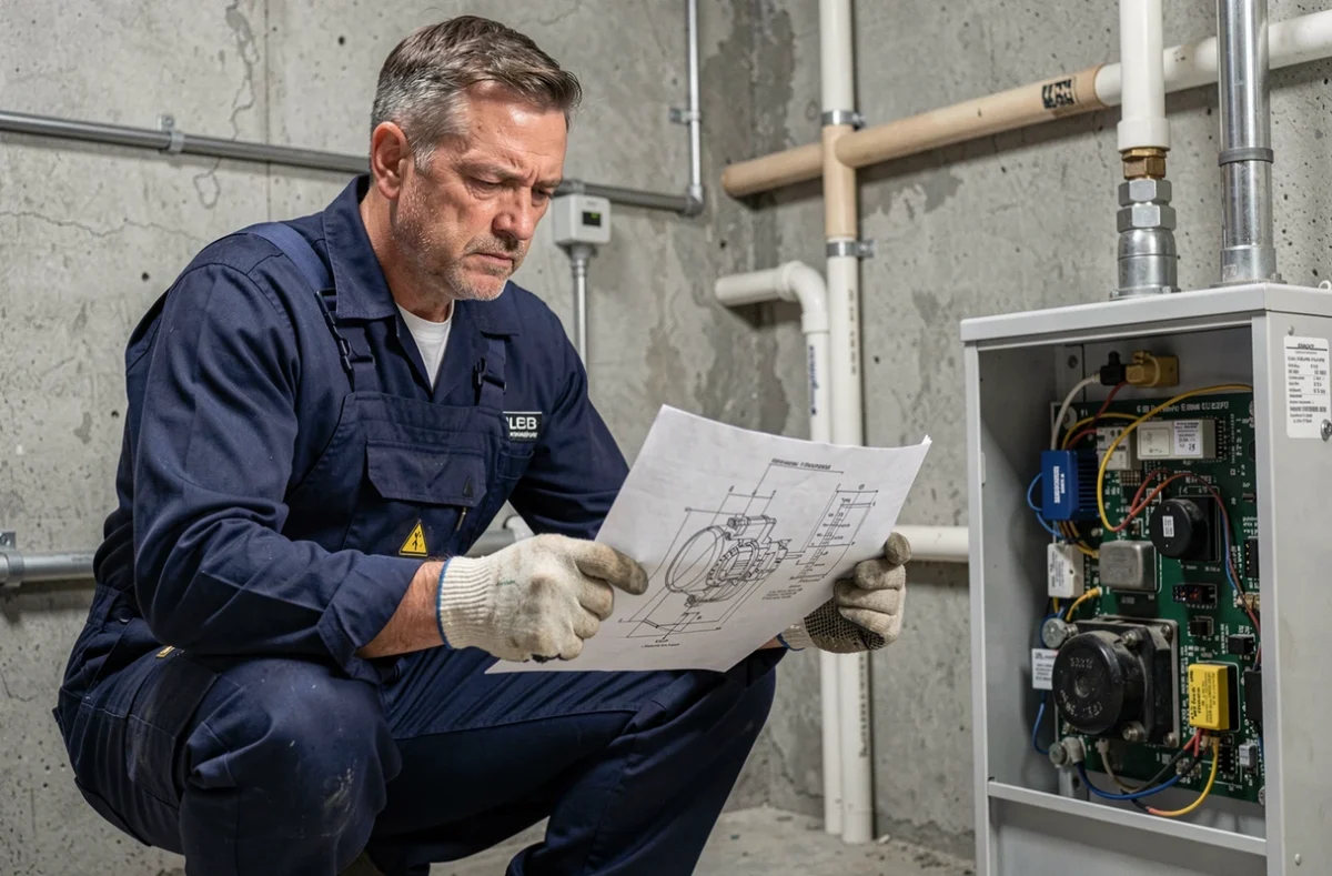 Technicien chauffagiste consultant un schéma hydraulique de ballon tampon dans une chaufferie