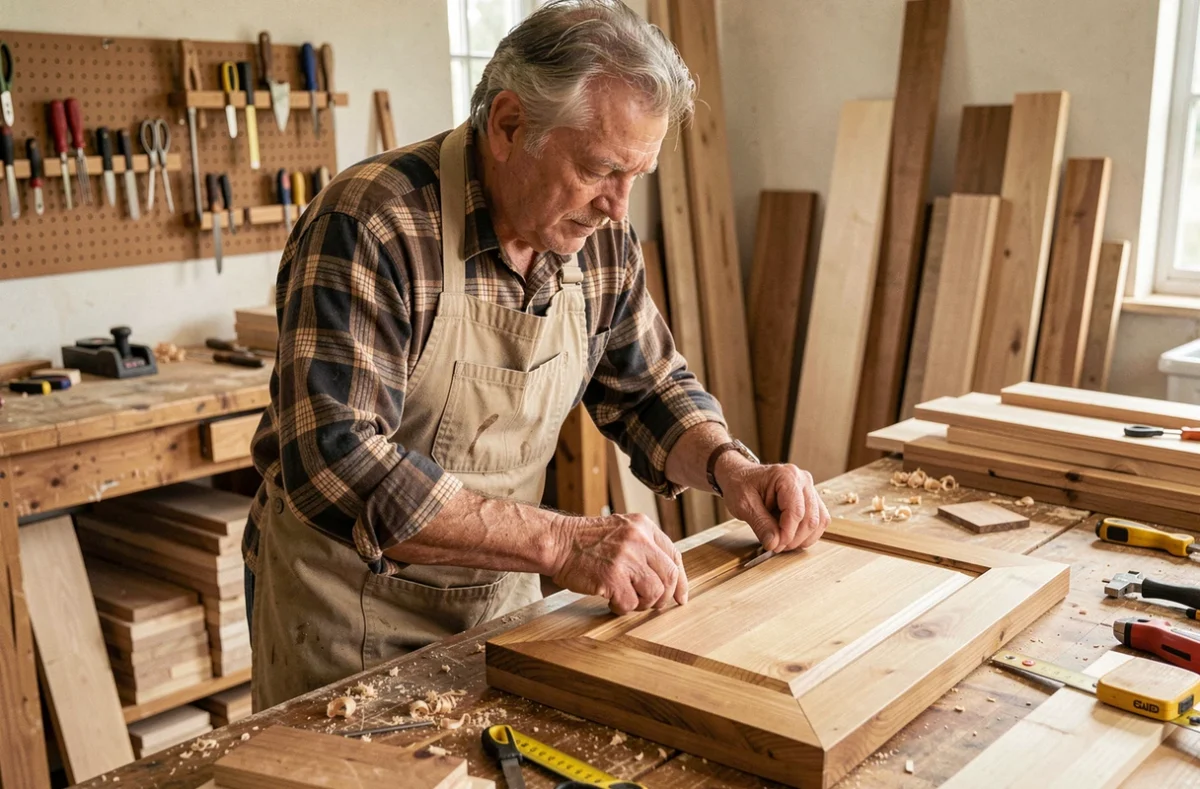 Artisan Yves Laborde assemblant une porte de cuisine en bois massif dans son atelier artisanal