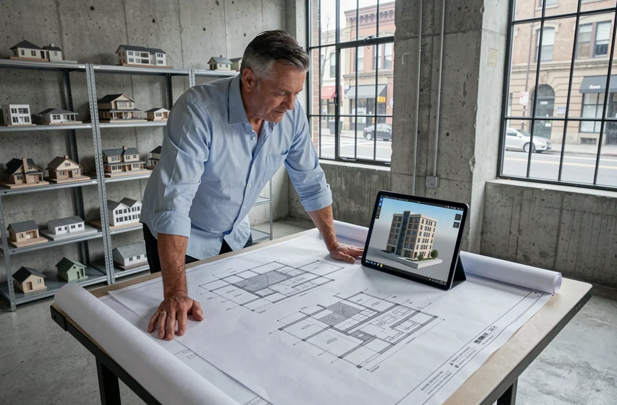 Architecte comparant des plans papier à une modélisation 3D de maison sur tablette dans un studio professionnel