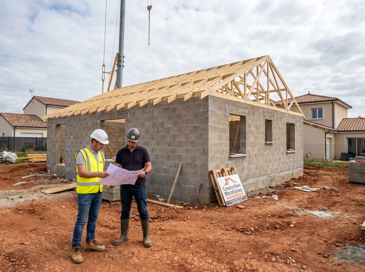 Chantier de construction d'une maison Essencia par Constructions Muretaines en Haute-Garonne, avec murs en parpaings et charpente bois en cours d'assemblage, chef de chantier révisant les plans