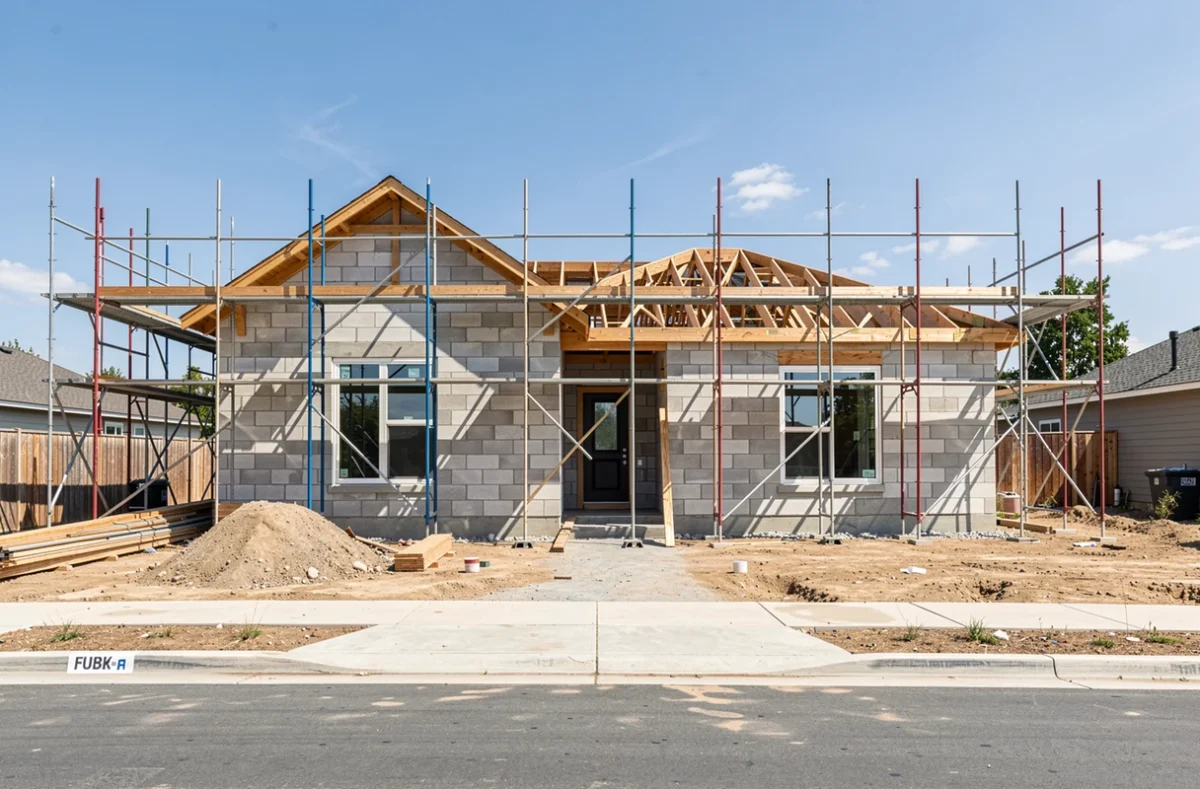 Chantier de maison individuelle en cours, gros œuvre et échafaudage