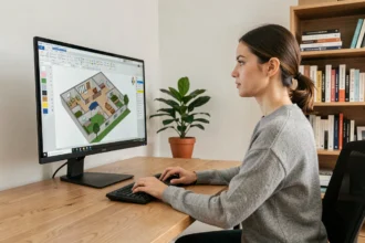 Femme utilisant un logiciel de modélisation 3D pour concevoir les plans de sa maison sur ordinateur