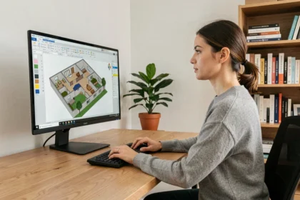 Femme utilisant un logiciel de modélisation 3D pour concevoir les plans de sa maison sur ordinateur