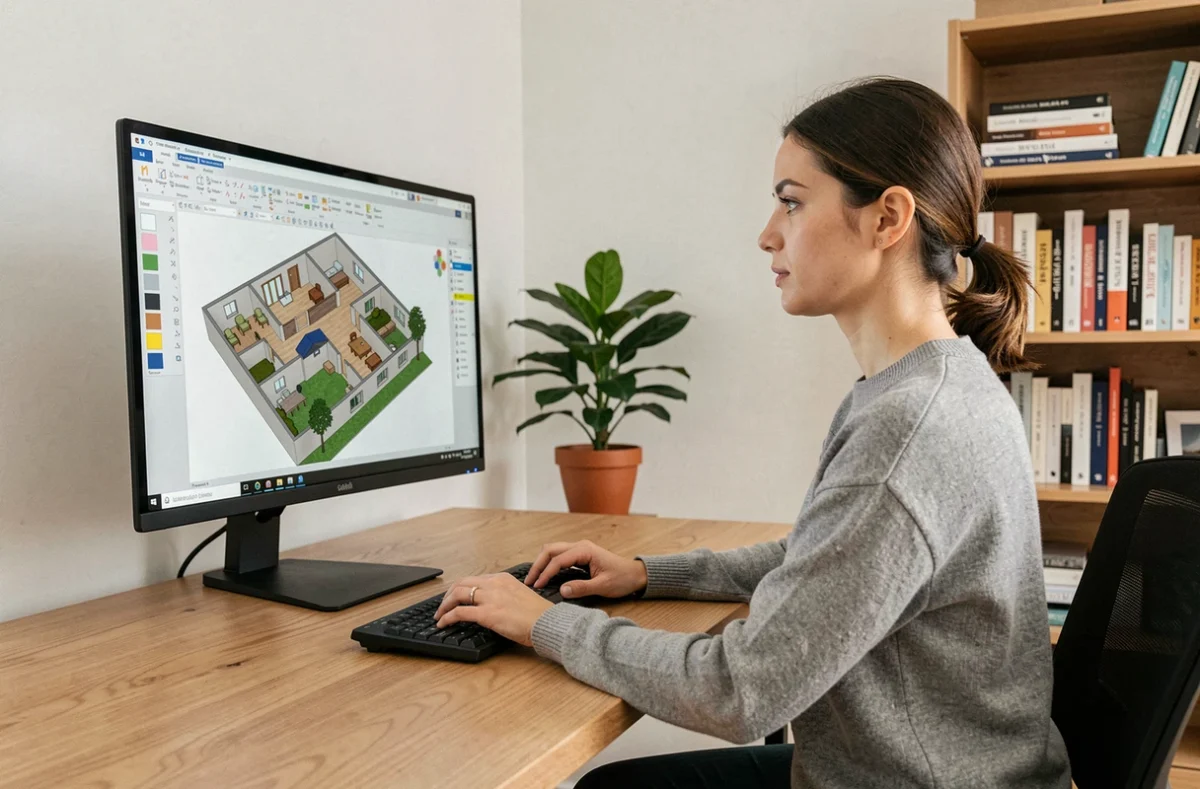 Femme utilisant un logiciel de modélisation 3D pour concevoir les plans de sa maison sur ordinateur
