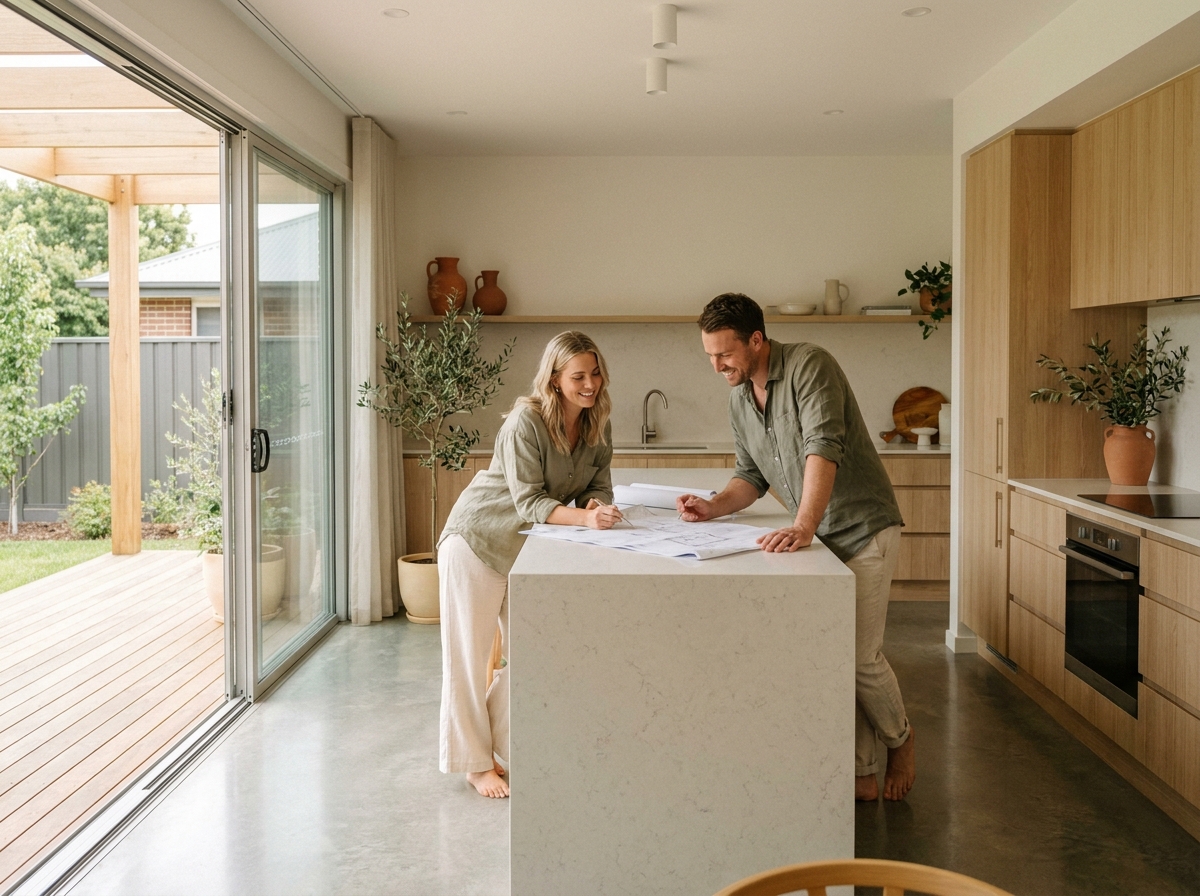 Couple découvrant l'intérieur d'une maison Essencia de Constructions Muretaines avec cuisine ouverte moderne, sol en béton ciré et baies vitrées donnant sur une terrasse en bois