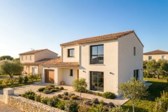 Maison individuelle contemporaine de la gamme Essencia de Constructions Muretaines avec façade enduite claire et toiture en tuiles, dans un quartier résidentiel du sud de la France