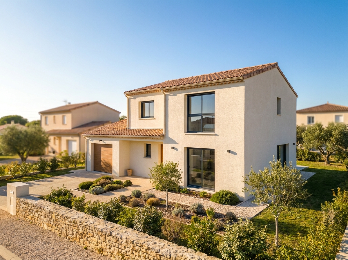 Maison individuelle contemporaine de la gamme Essencia de Constructions Muretaines avec façade enduite claire et toiture en tuiles, dans un quartier résidentiel du sud de la France